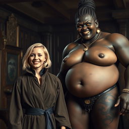 In a medieval room, a very happy and emaciated young blonde woman, 19 years old, with medium-length hair and blue eyes, is wearing an elegantly closed noble robe with a high collar up to her neck