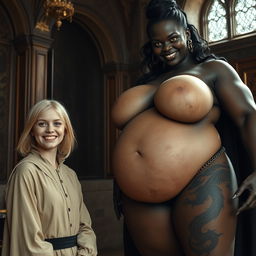 In a medieval room, a very happy and emaciated young blonde woman, 19 years old, with medium-length hair and blue eyes, is wearing an elegantly closed noble robe with a high collar up to her neck