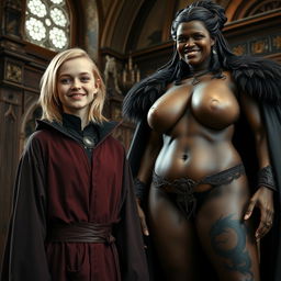 In a medieval room, a very happy and emaciated young blonde woman, 19 years old, with medium-length hair and blue eyes, is wearing an elegantly closed noble robe with a high collar up to her neck