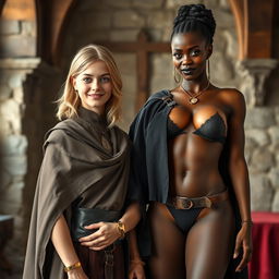 In a medieval room, a very happy, skinny 19-year-old blonde girl with medium-length hair, wearing a noble mantle with a high collar that goes up to her neck, and a thick gold bracelet