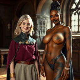 In a medieval room, a very happy, skinny 19-year-old blonde girl with medium-length hair, wearing a noble mantle with a high collar that goes up to her neck, accessorized with a thick gold bracelet