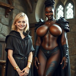 In a medieval room, a very happy, skinny 19-year-old blonde girl with medium-length hair, wearing a noble mantle with a high collar that goes up to her neck, complemented by a thick gold bracelet