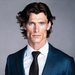 A tall and muscular man with dark blue eyes, white skin, and wavy black hair. He has a less defined jawline and is garbed in a fashionable suit.