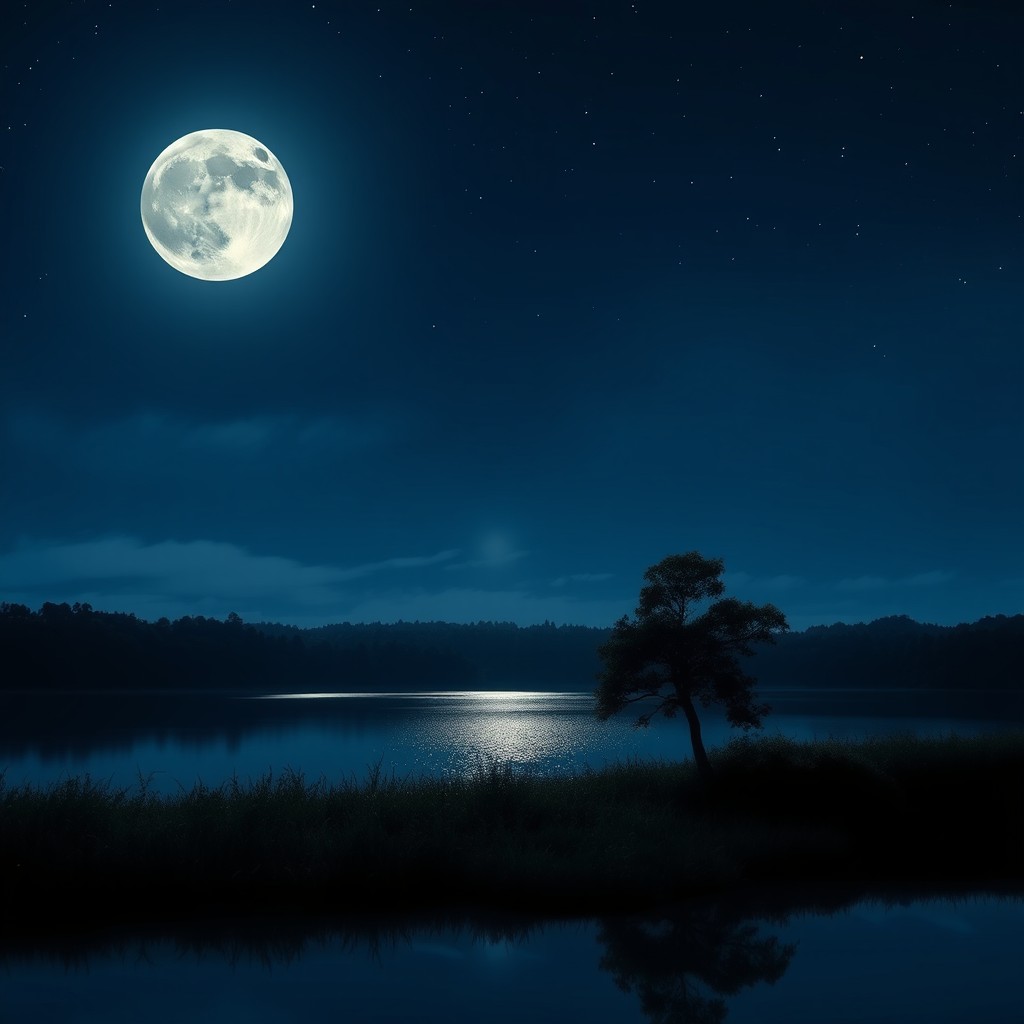 A serene nighttime landscape illuminated by soft moonlight, with a full moon casting a gentle glow over a calm lake surrounded by lush greenery