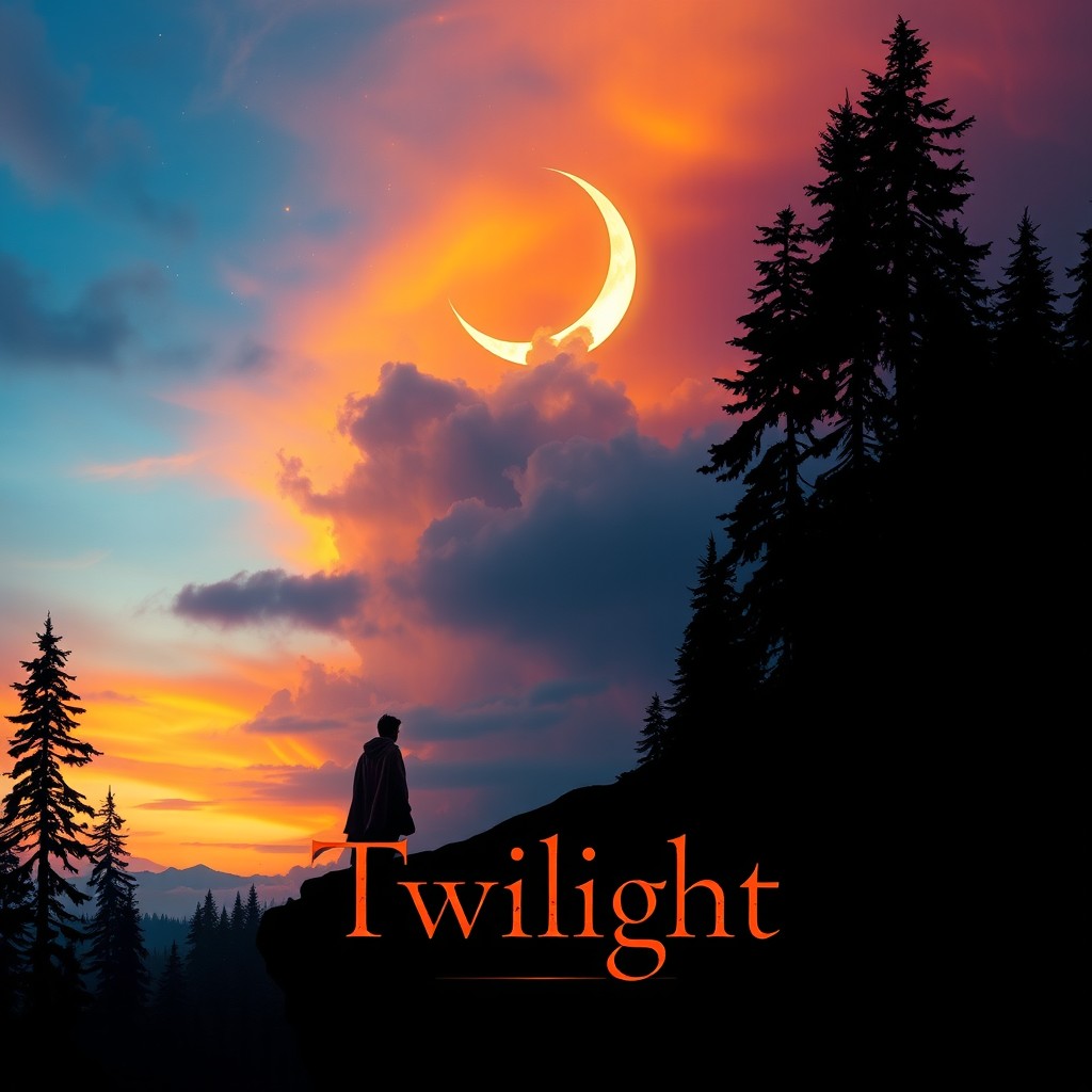 A dramatic movie poster inspired by the twilight theme, featuring a mystical landscape at dusk