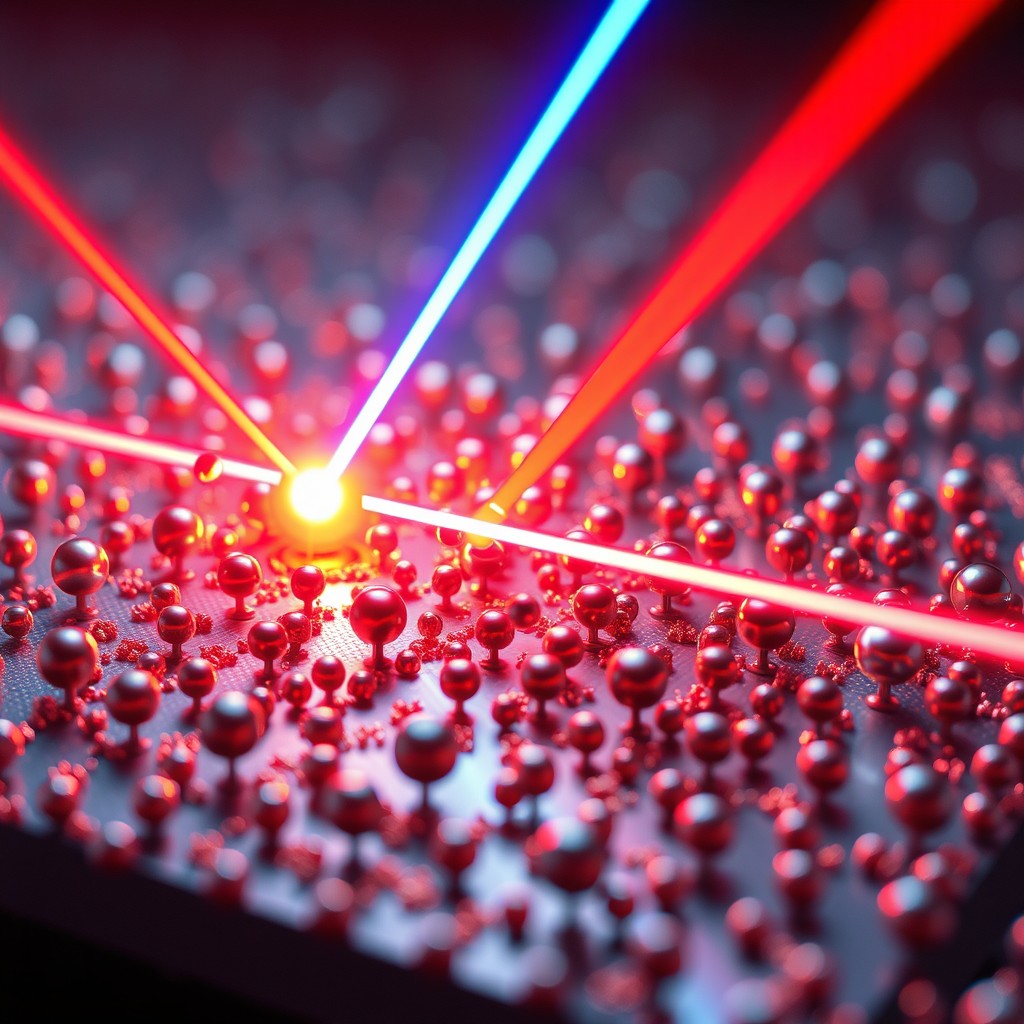 A highly detailed and high resolution depiction of a surface composed of copper and oxygen atoms, illustrating the structure of copper oxide doped with metallic copper atoms