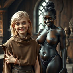 In a medieval room, a very happy, malnourished young blonde woman, 19 years old, short in stature with medium-length hair, wearing a noble mantle with a high collar closed all the way up to her neck
