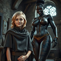 In a medieval room, a very happy, malnourished young blonde woman, 19 years old, short in stature with medium-length hair, wearing a noble mantle with a high collar closed all the way up to her neck