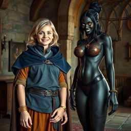 In a medieval room, a malnourished young blonde woman, 19 years old, exudes happiness