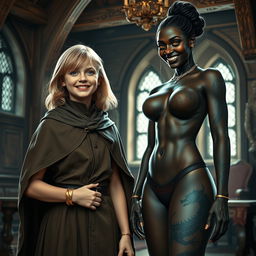 In a medieval room, a malnourished young blonde woman, 19 years old, exudes happiness