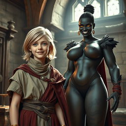 In a medieval room, a malnourished young blonde woman, 19 years old, exudes happiness