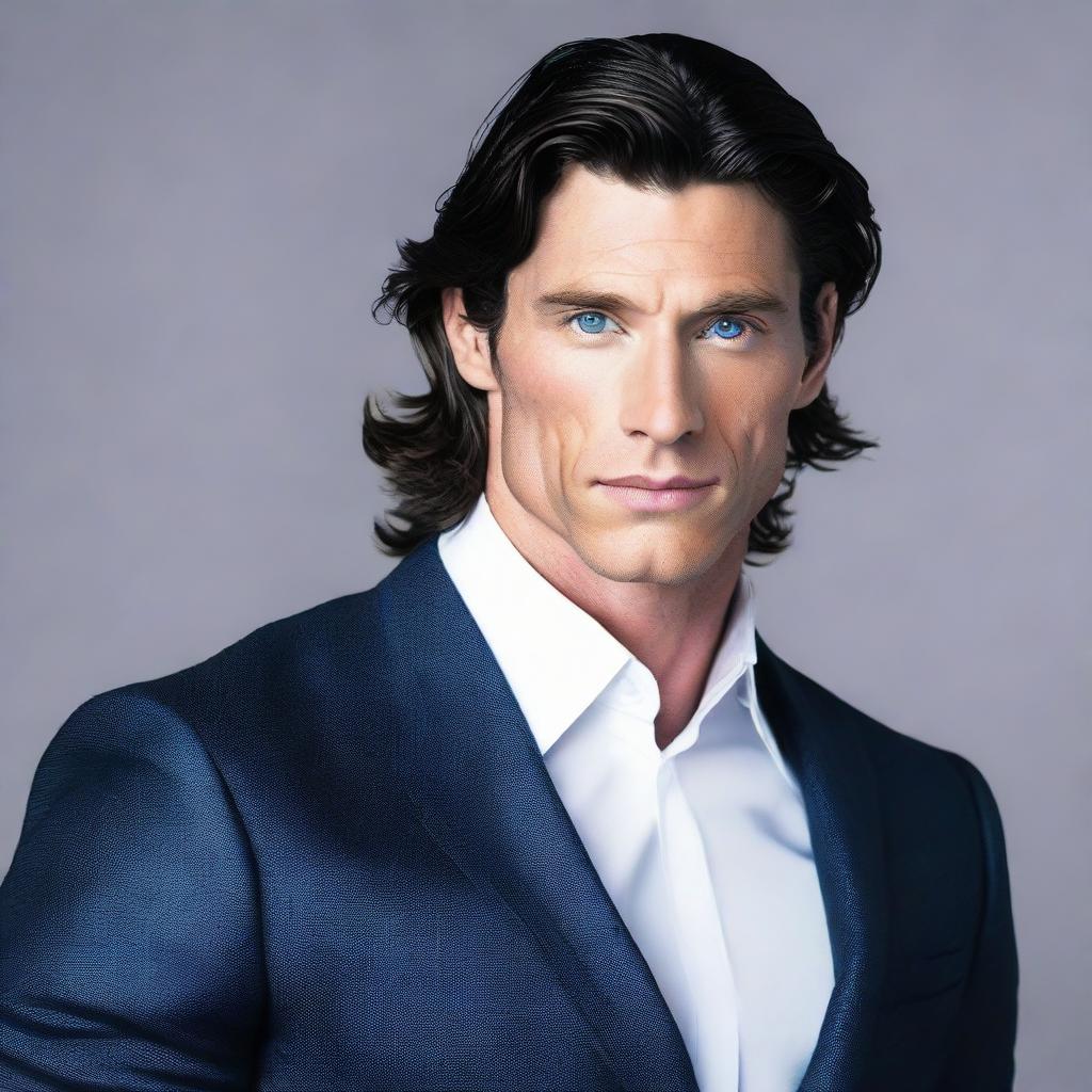 A tall and muscular man with dark blue eyes, white skin, and wavy black hair. He has a less defined jawline and is garbed in a fashionable suit.