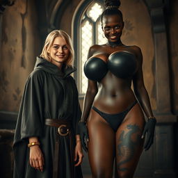 In a medieval room, features a very happy malnourished young blonde woman, 19 years old, short stature with medium-length hair, wearing a high-collared noble cloak that closes all the way down