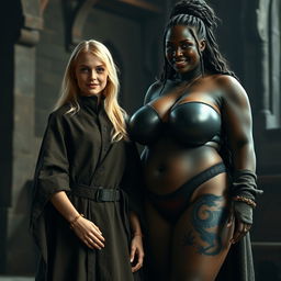 In a medieval room, features a very happy malnourished young blonde woman, 19 years old, short stature with medium-length hair, wearing a high-collared noble cloak that closes all the way down