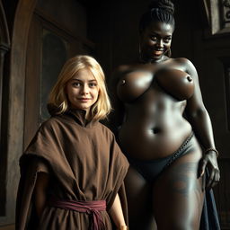 In a medieval room, features a very happy malnourished young blonde woman, 19 years old, short stature with medium-length hair, wearing a high-collared noble cloak that closes all the way down