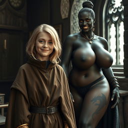 In a medieval room, features a very happy malnourished young blonde woman, 19 years old, short stature with medium-length hair, wearing a high-collared noble cloak that closes all the way down