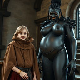 In a medieval room, a very happy 19-year-old malnourished blonde woman stands, short in stature with medium-length hair, wearing a high-collared noble cloak that is fully closed