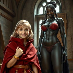 In a medieval room, a very happy and malnourished 19-year-old blonde girl stands, short in stature with medium-length hair and bright blue eyes