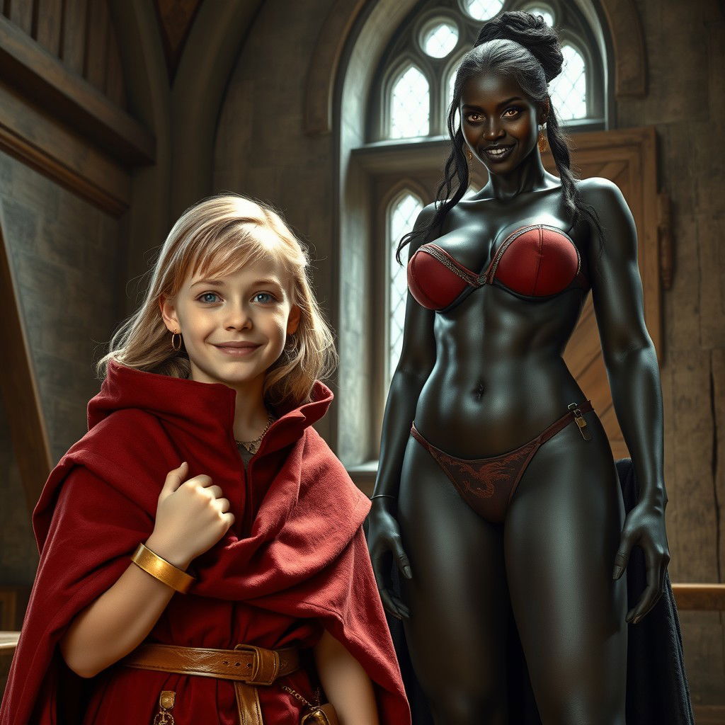 In a medieval room, a very happy and malnourished 19-year-old blonde girl stands, short in stature with medium-length hair and bright blue eyes