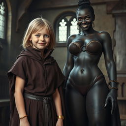 In a medieval room, a very happy and malnourished 19-year-old blonde girl stands, short in stature with medium-length hair and bright blue eyes