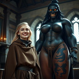 In a medieval room, a very happy 19-year-old blonde woman with medium-length hair and blue eyes radiates joy