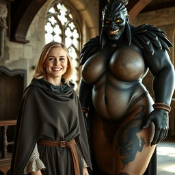 In a medieval room, a very happy 19-year-old blonde woman with medium-length hair and blue eyes radiates joy