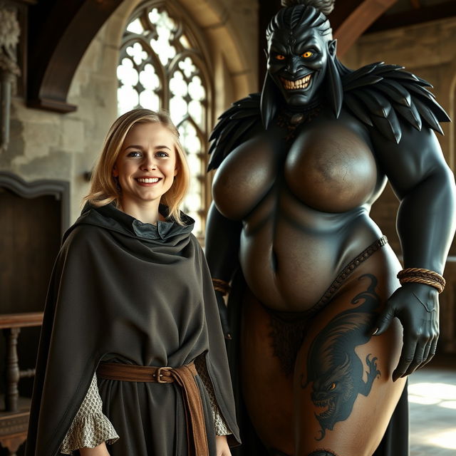 In a medieval room, a very happy 19-year-old blonde woman with medium-length hair and blue eyes radiates joy