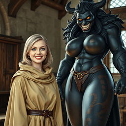 In a medieval room, a very happy 19-year-old blonde woman with medium-length hair and blue eyes radiates joy