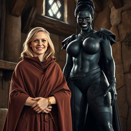 In a medieval room, a very happy 19-year-old blonde woman with medium-length hair and blue eyes exudes joy