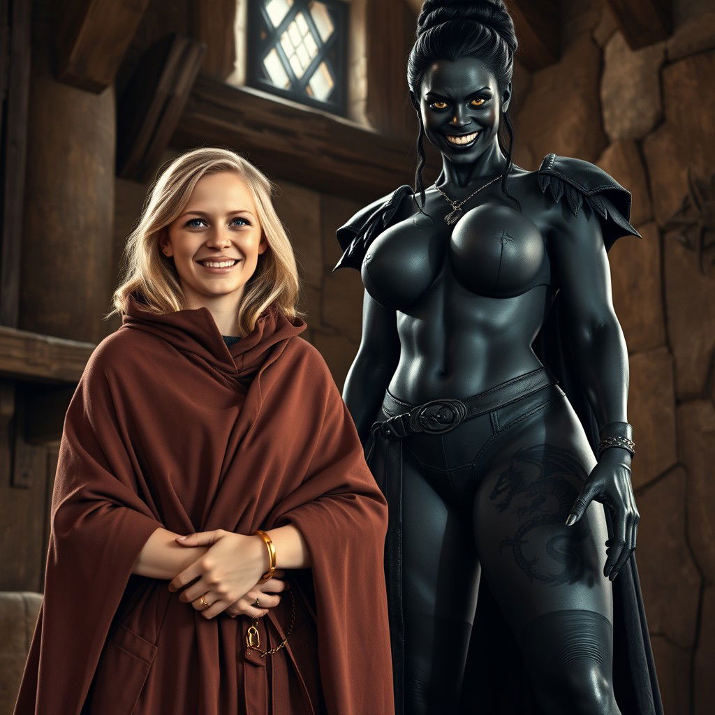 In a medieval room, a very happy 19-year-old blonde woman with medium-length hair and blue eyes exudes joy