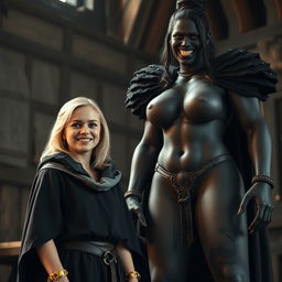 In a medieval room, a very happy 19-year-old blonde woman with medium-length hair and blue eyes exudes joy