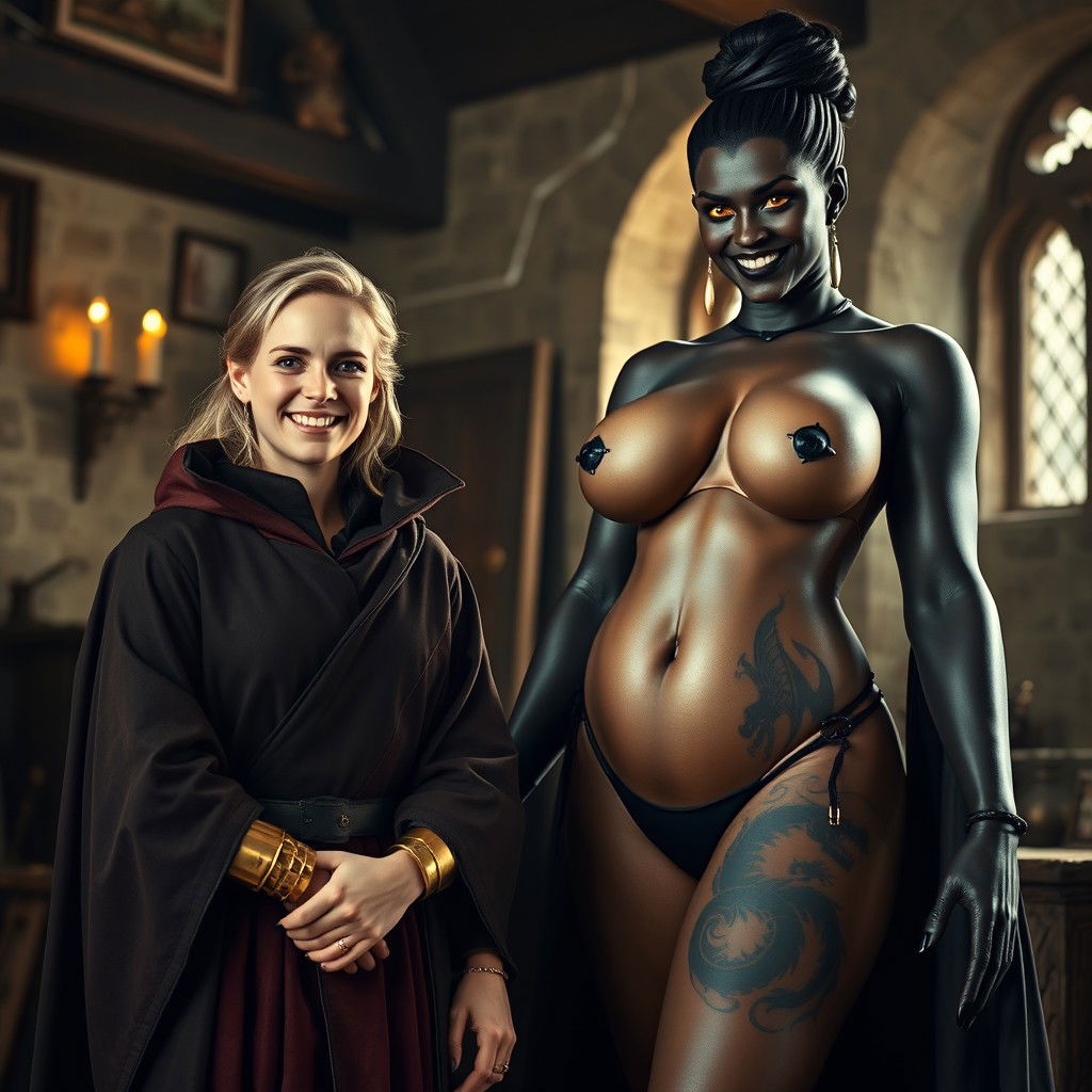 In a medieval room, there is a very happy 19-year-old blonde woman, petite with medium-length hair and bright blue eyes