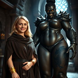 In a medieval room, there is a very happy 19-year-old blonde woman, petite with medium-length hair and bright blue eyes