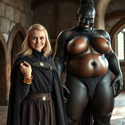 In a medieval room, there is a very happy 19-year-old blonde woman, petite with medium-length hair and bright blue eyes