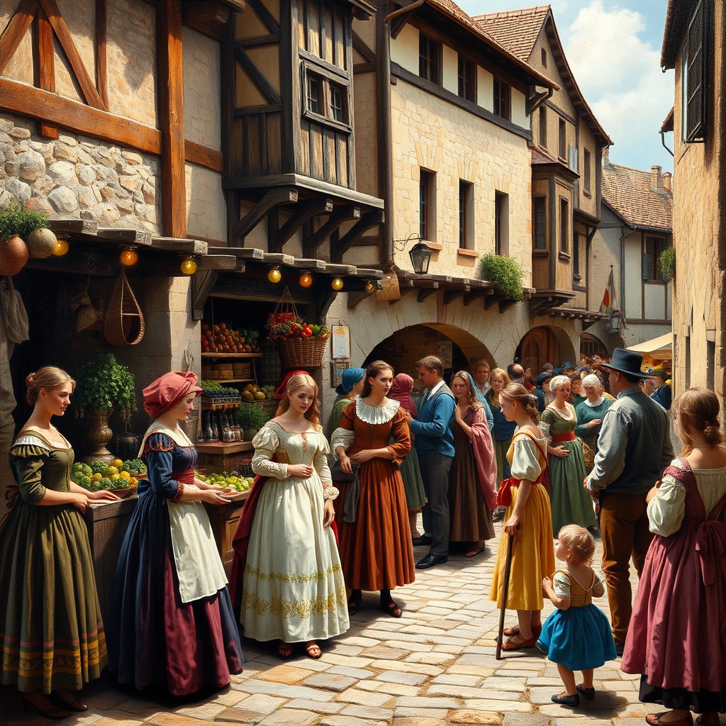 An oil painting that vividly depicts life in France during the Middle Ages, specifically in the 17th century