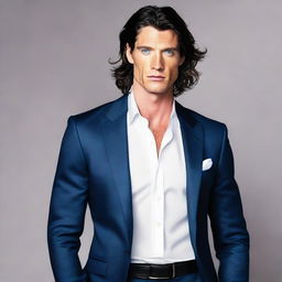 A tall and muscular man with dark blue eyes, white skin, and wavy black hair. He has a less defined jawline and is garbed in a fashionable suit.