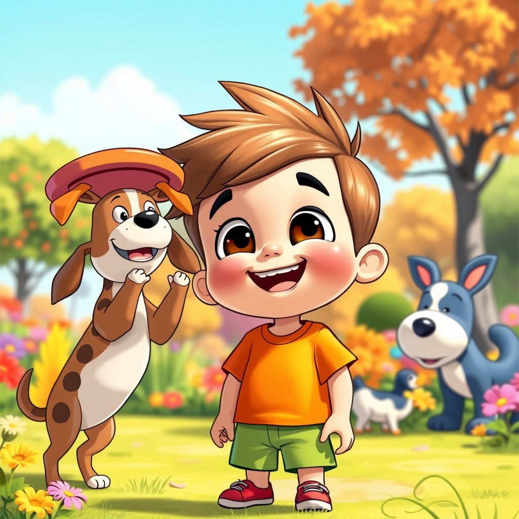 A cute cartoonish boy with big expressive eyes and a playful smile, wearing a bright t-shirt and shorts