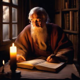 A wise man deep in thought, illuminated by the soft, warm glow of candlelight, surrounded by ancient books and scrolls.