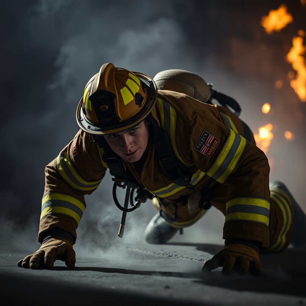 A fireman performing a fireman crawl, dressed in full fire-fighting gear with bright yellow reflective stripes, including a helmet and protective gloves