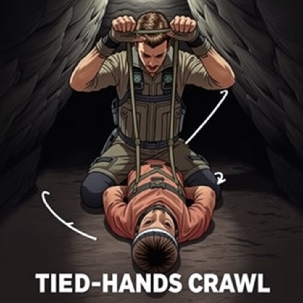 A detailed instructional illustration of the tied-hands crawl technique for dragging an unconscious casualty