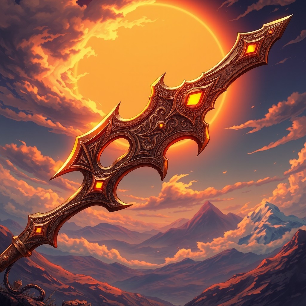 A detailed illustration of Ritta, an ornate and powerful axe, inspired by the legendary character Escanor
