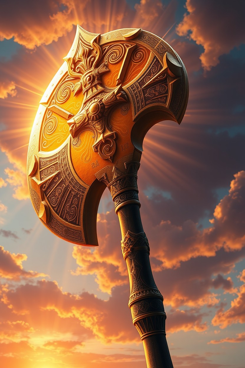 A highly detailed and stylized digital painting of Ritta, the Axe of Escanor, depicted as a magnificent, oversized sun-themed axe