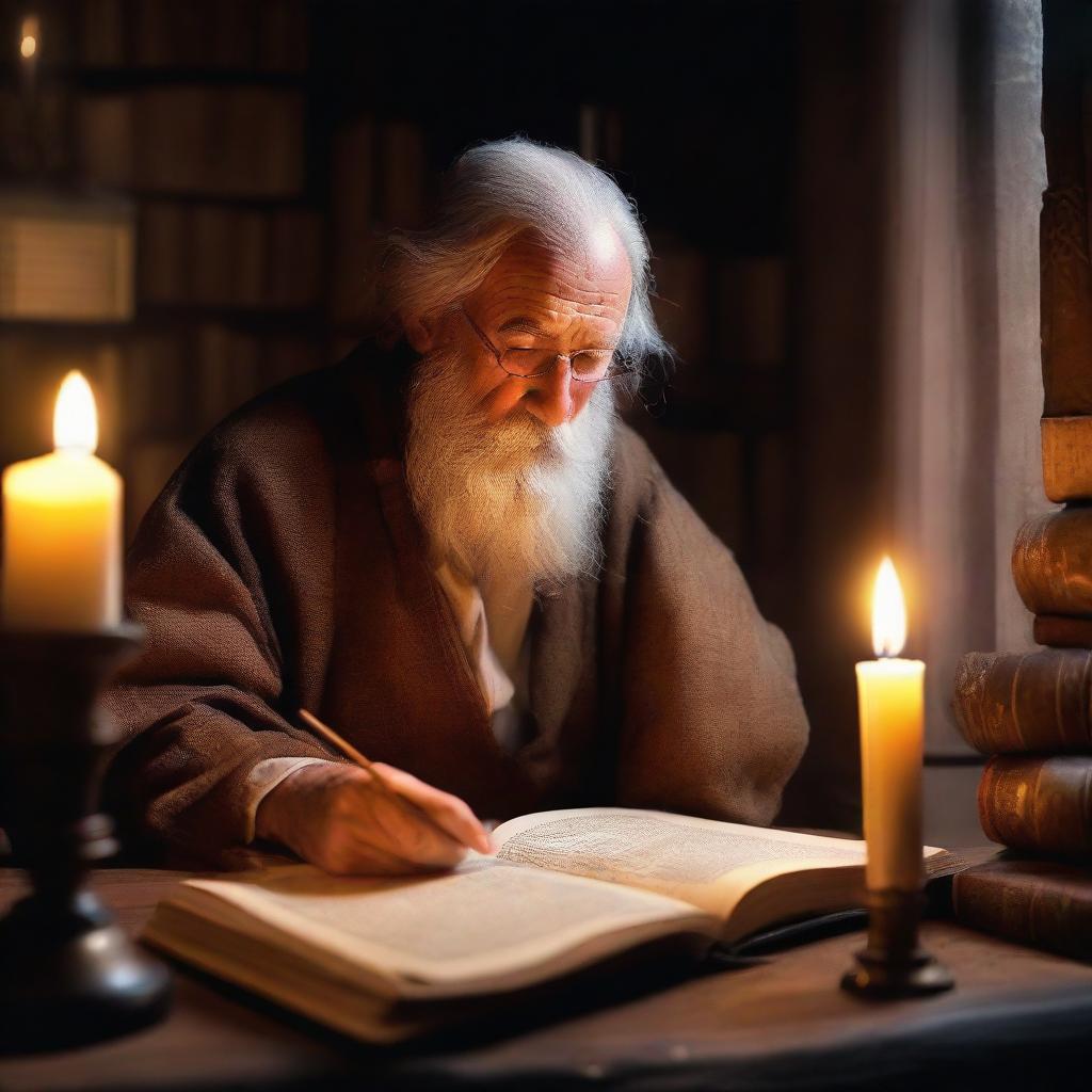 A wise man deep in thought, illuminated by the soft, warm glow of candlelight, surrounded by ancient books and scrolls.