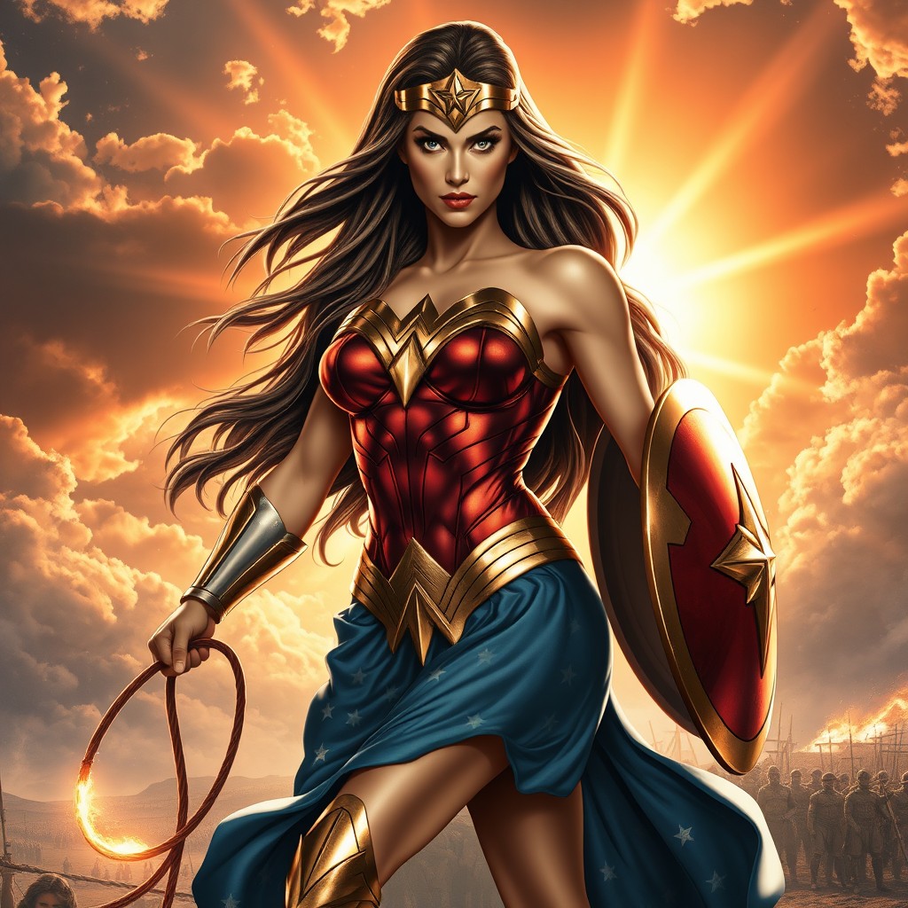 A striking and heroic female figure inspired by Wonder Woman, showcasing a beautiful and powerful warrior in a classic comic book style