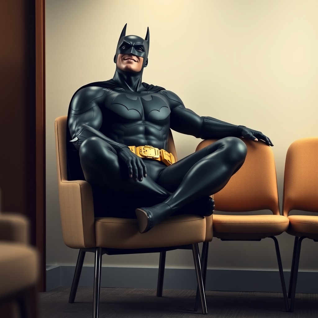Batman sitting cross-legged on a chair, with his left leg crossed over his right leg, right foot hidden