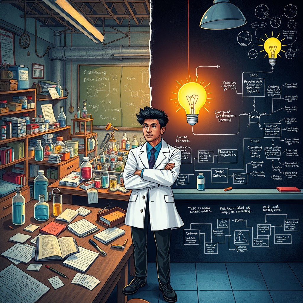 A visually striking illustration of a scientific enigma, depicting a chaotic lab setting with intricate diagrams of chemical reactions on chalkboards