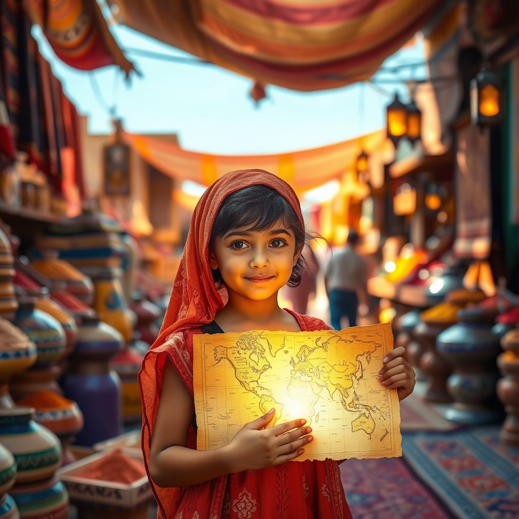 A young Moroccan girl named Layla, with a curious and kind expression, holding a glowing ancient map that emits a soft, magical light