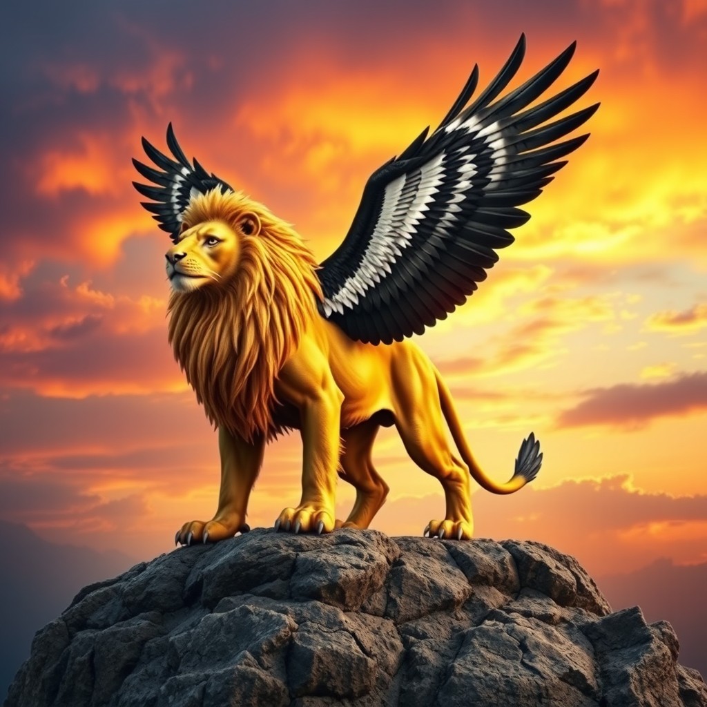 A majestic creature embodying the synthesis of the Czech lion and Moravian-Silesian eagle, featuring the powerful body of a golden lion, with its muscular limbs and flowing mane, seamlessly integrated with the magnificent wings and sharp beak of an eagle