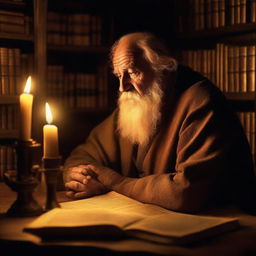 A wise man deep in thought, illuminated by the soft, warm glow of candlelight, surrounded by ancient books and scrolls.