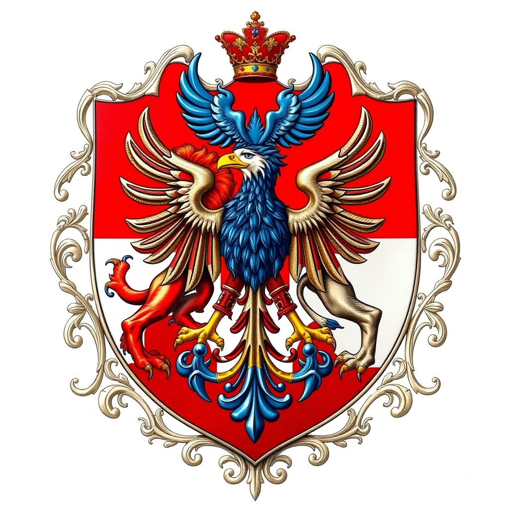 A detailed and artistic representation of a coat of arms featuring the synthesis of the Czech lion and the Moravian-Silesian eagle